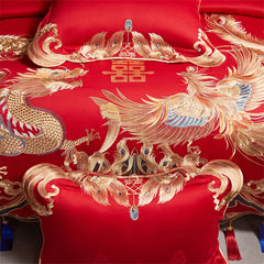 Chinese Style Wedding Gold Dragon Phoenix Embroidery Bedding Set