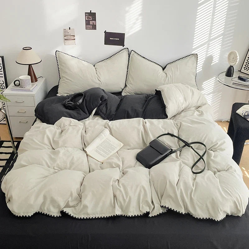 Solid Color Soft Duvet Cover Set Skin Friendly Washable Cotton Queen Bedding Set