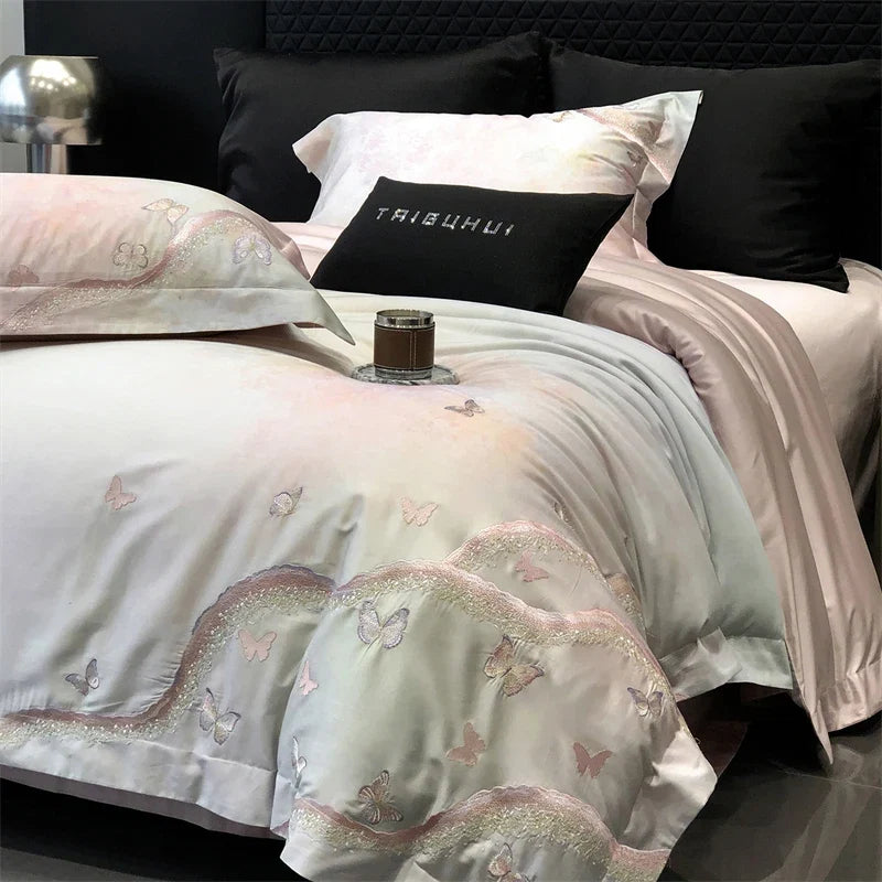 1000TC Egyptian Cotton Luxury Butterfly Embroidery Queen King Size Bedding Set