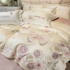100% Cotton Butterfly Flowers Embroidery Luxury Bedding Set