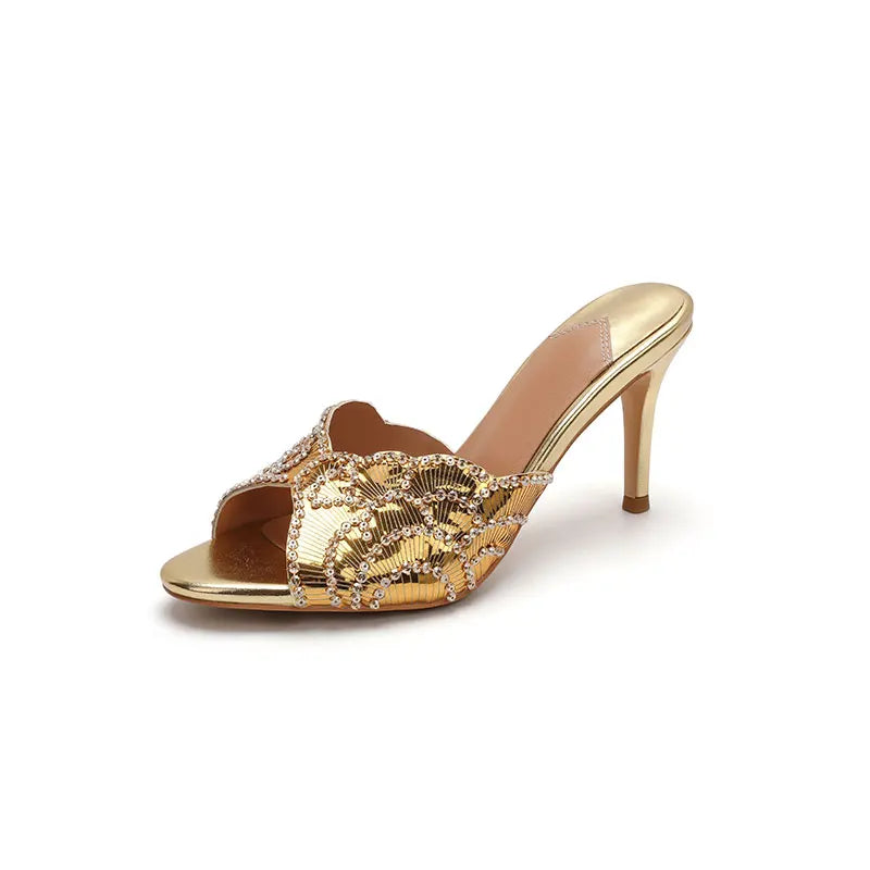 Sexy Beaded Open Toe Slippers with Sparkling Sequins and Slim Heel