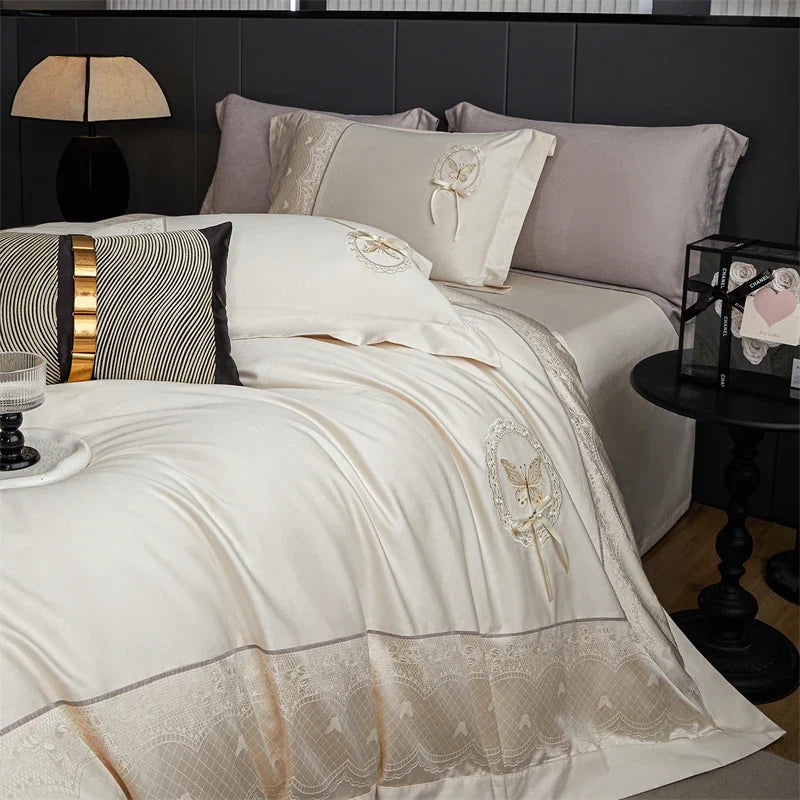 Butterfly Embroidery Jacquard Egyptian Cotton Bedding Set