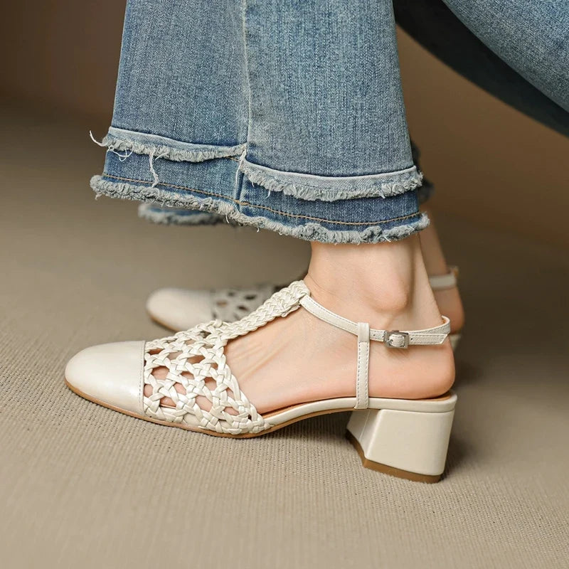 sheepskin woven hollow breathable retro high Heels