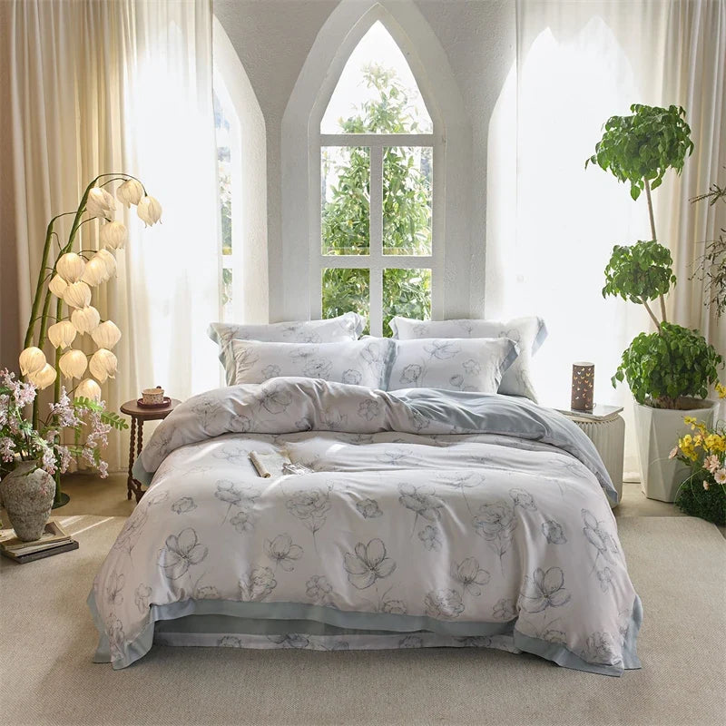 600TC Lyocell Duvet Cover Set - Soft Floral Print Bedding Set, Breathable Cooling Bed Sheet with Pillowcases for Queen/King Size