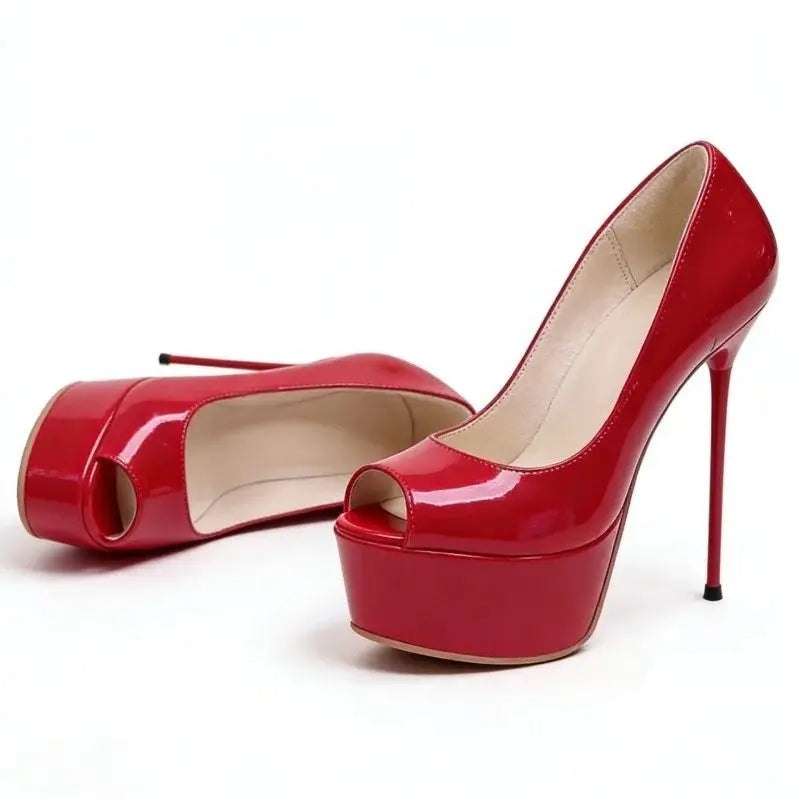 Red Patent Leather Peep Toe Pumps
