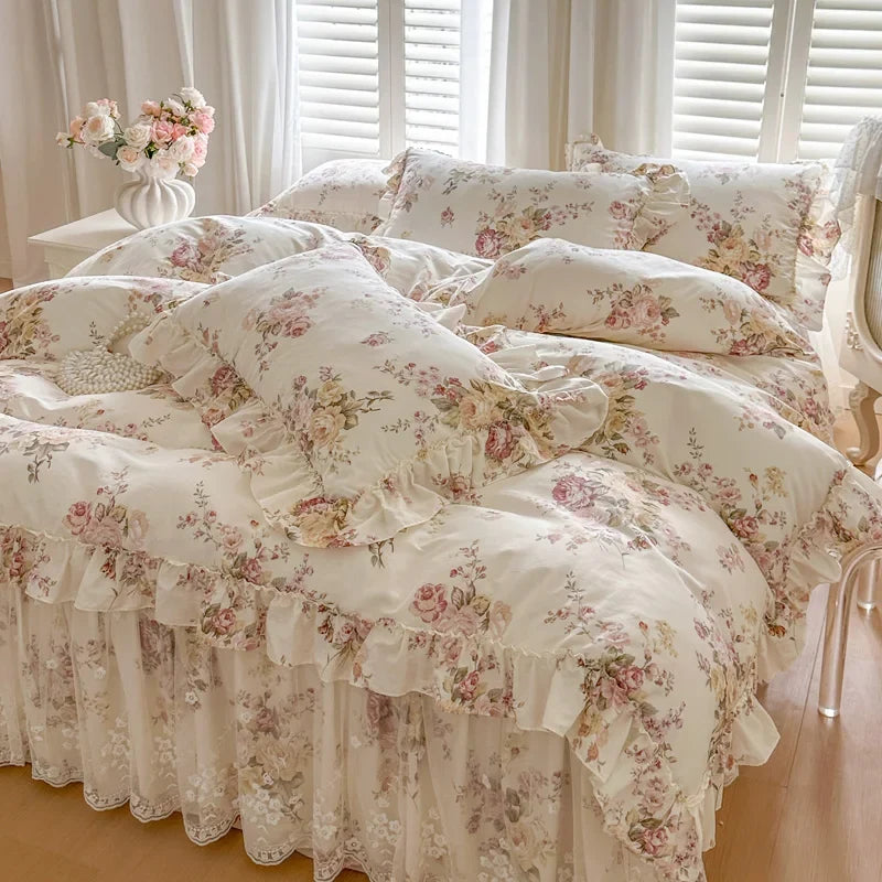 100% Cotton Flowers Print Lace Ruffles Princess 4/6Pcs Bedding Set