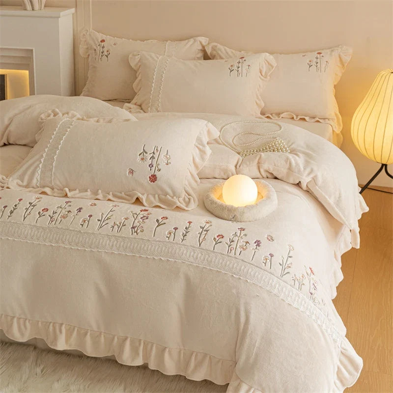 Pink Flowers Embroidery Lace Ruffles Velvet Luxury Bedding Set