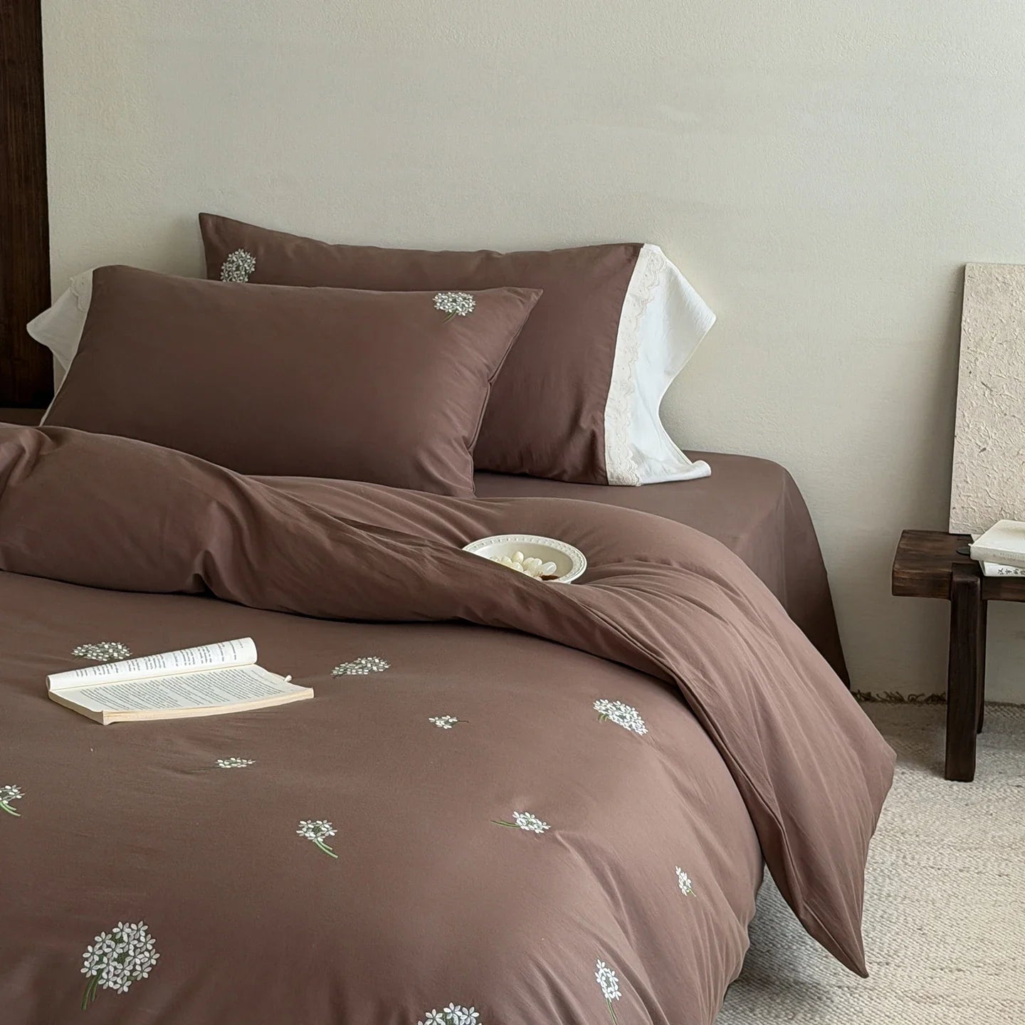 Flowers Embroidery Washed Cotton Soft Bedding Set