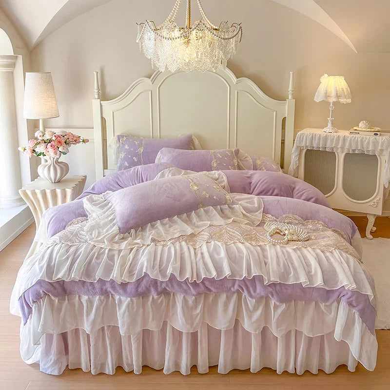 Lace Ruffles Embroidery Milk Velvet Winter Warm Thickened Princess Bedding Set