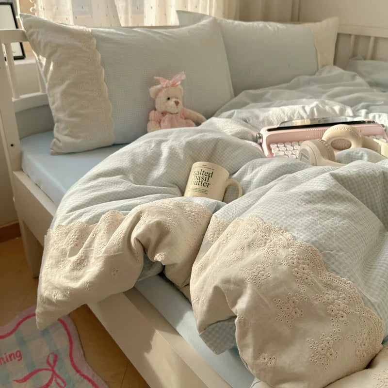 French Style Lace Trim Washed Cotton 4 Piece Bedding Set