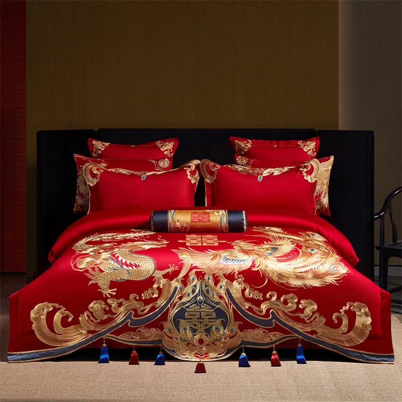 Chinese Style Wedding Gold Dragon Phoenix Embroidery Bedding Set
