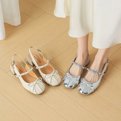 leather cowhide round toe elastic buckle middle Heel