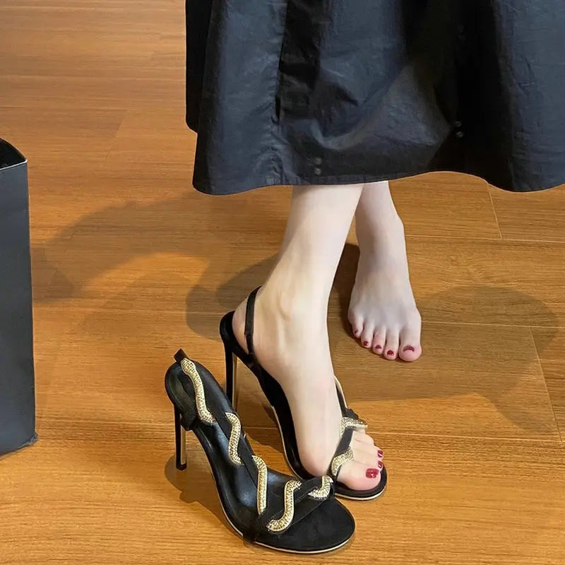 French Sexy Black Gold Rhinestone Stilettos Temperament Socialite Fairy Serpentine Sandals