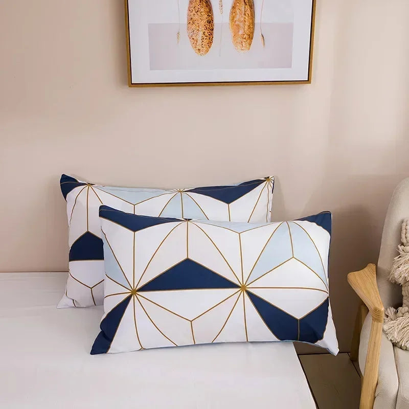 Brushed Print Blue Golden Diamond Duvet Cover Set Geometric Pattern Bedding Set