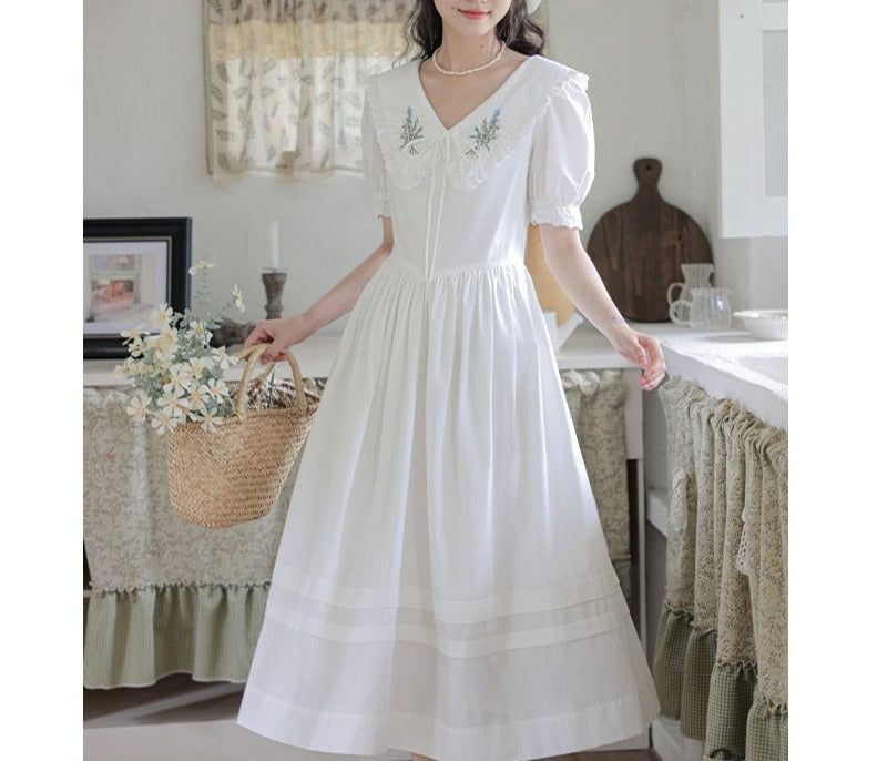Heidi Flower Embroidered White Cottagecore Dress