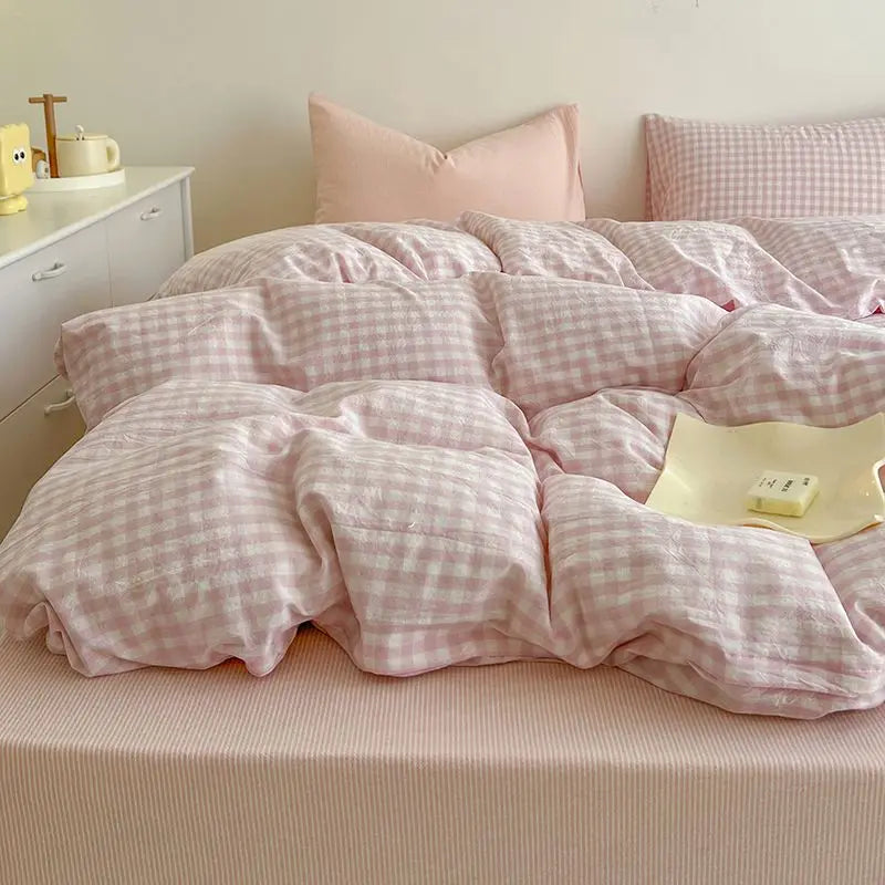 Nordic Duvet Cover Set with Zipper Simple Plaid Flat Sheet Pillowcases No Filler Pink Blue Hotel Twin Queen Size Bedding Set