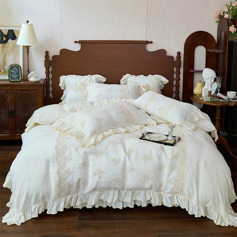 100% Pure Linen Vintage French Lace Ruffles Luxury Bedding Set