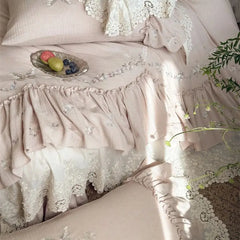 French Large Lace Ruffles Floral Butterfly Embroidery Linen Cotton Bedding Set