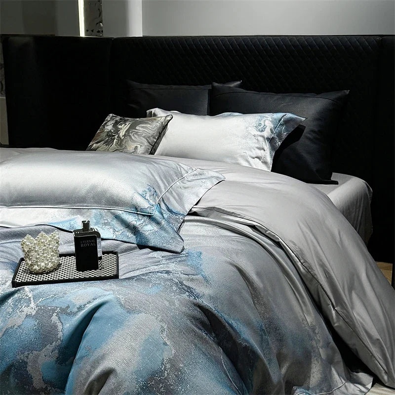 1000TC Egyptian Cotton Blue Grey Abstract Marble Brocade Jacquard Luxury Bedding Set