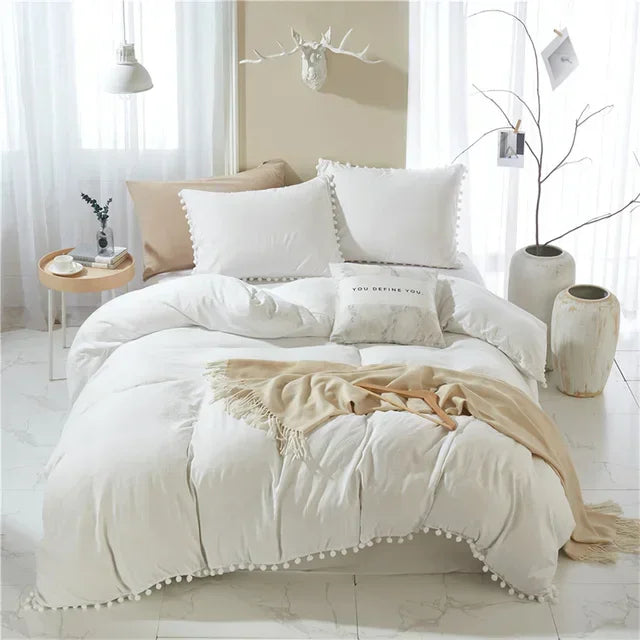 Twin Queen Size Solid Color Duvet Cover Set Pom Tassel Soft Microfiber Bedding Set