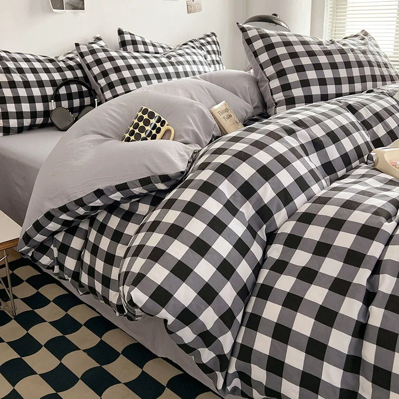 Japanese Style Bedding Sheet Set No Filler Striped Grid Minimalist Duvet Cover Pillowcase Double Queen Washed Cotton Bed Linens