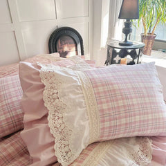 Vintage French Plaid Lace Ruffles 100% Cotton Bedding Set