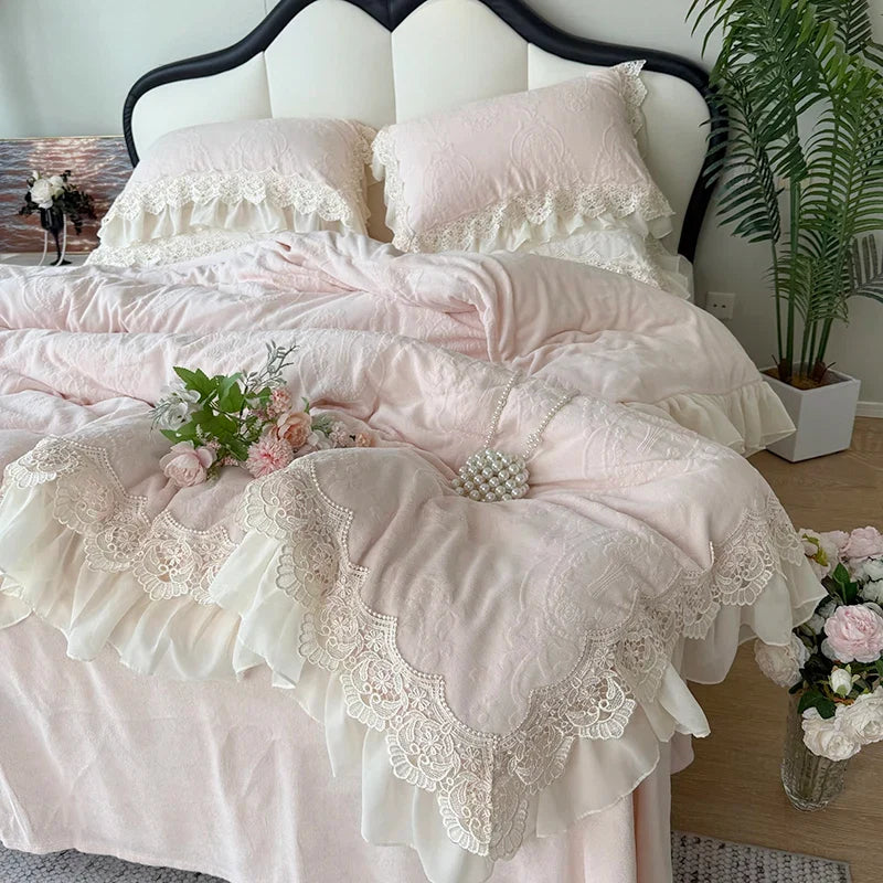 Pink Vintage French Lace Ruffles Carved Velvet Bedding Set