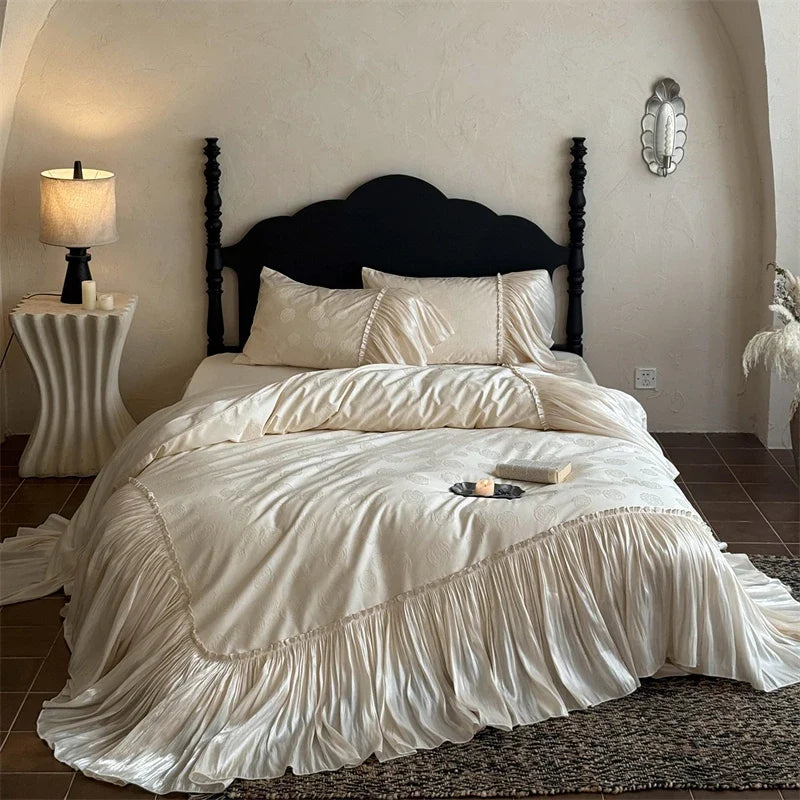 Vintage French Large Lace Ruffles Lyocell Cotton Rose Jacquard Luxury Bedding Set
