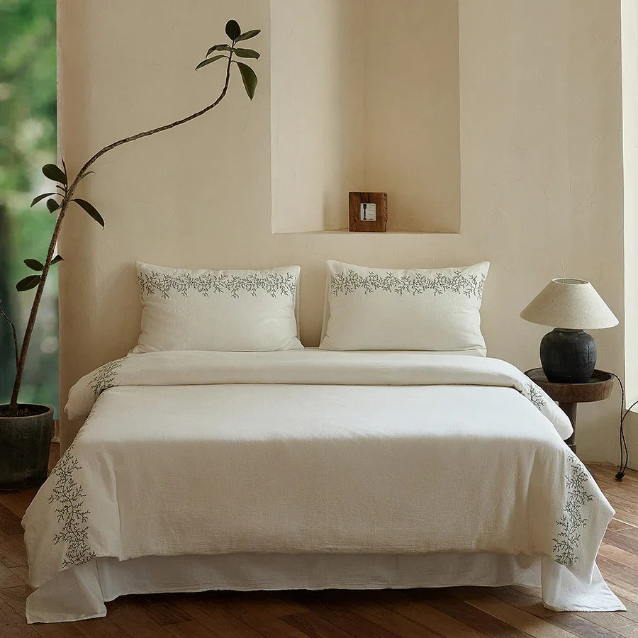 Simple Fresh Style 100% Cotton Bedding Set, Pure Cotton Embroidered All-Season Duvet Cover, Flat Sheet/Fitted Sheet, Pillowcases