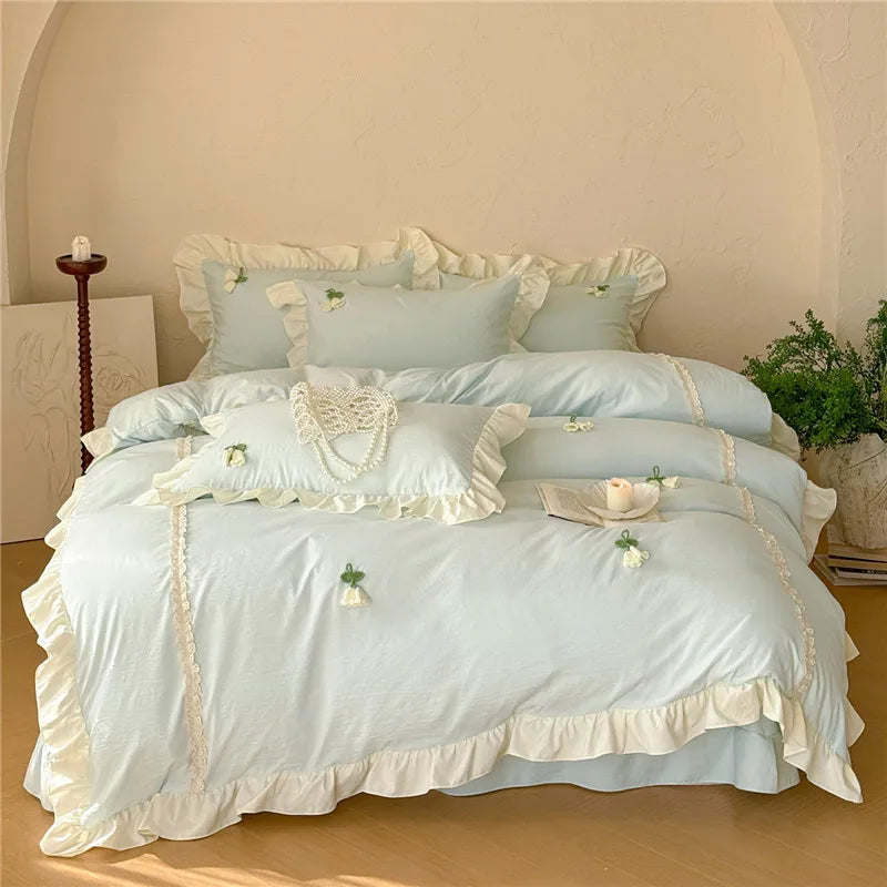 3/4Pcs Korean Princess Style Ruffles Washed Cotton Bedding Set