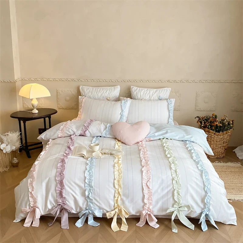 Colorful Ribbon Bow Korean Princess Style Bedding Set