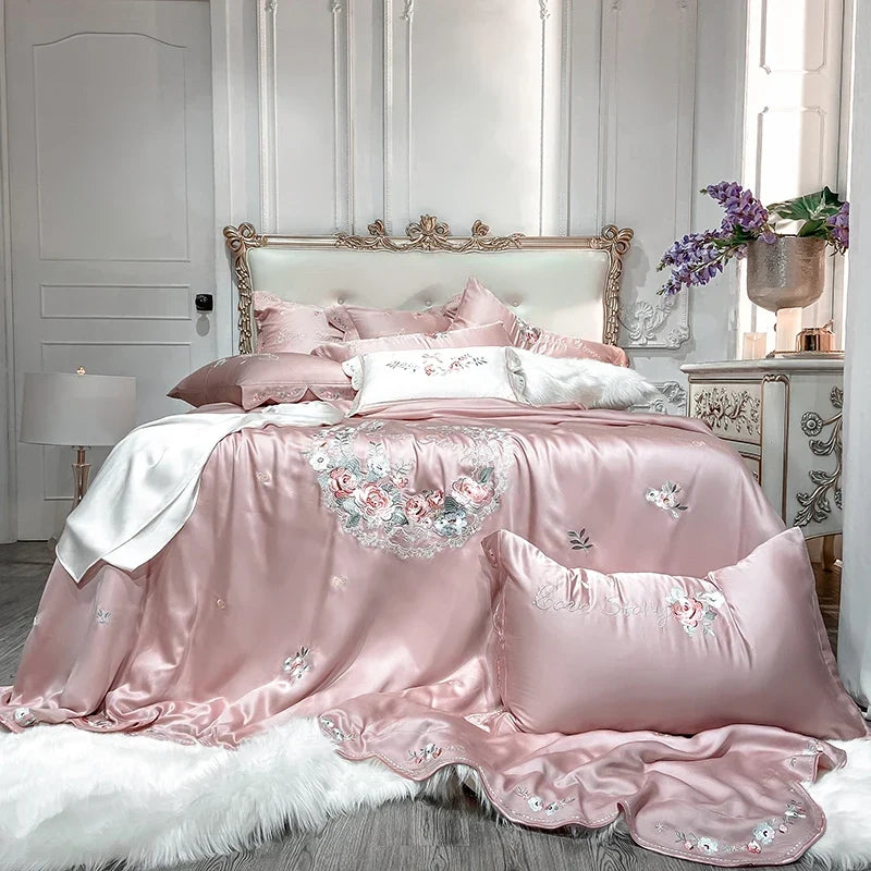 4/7Pcs Luxury Flowers Embroidery Lyocell Eucalyptus Fiber Silky Bedding Set