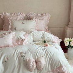 4Pcs Rose Embroidery Bow Ruffles Princess Wedding Bedding Set