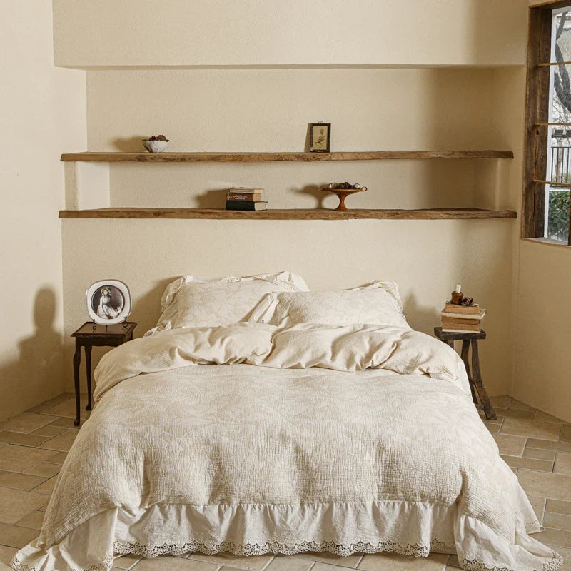 Cotton and Linen Vintage Hollow Lace Edge Bedding Set