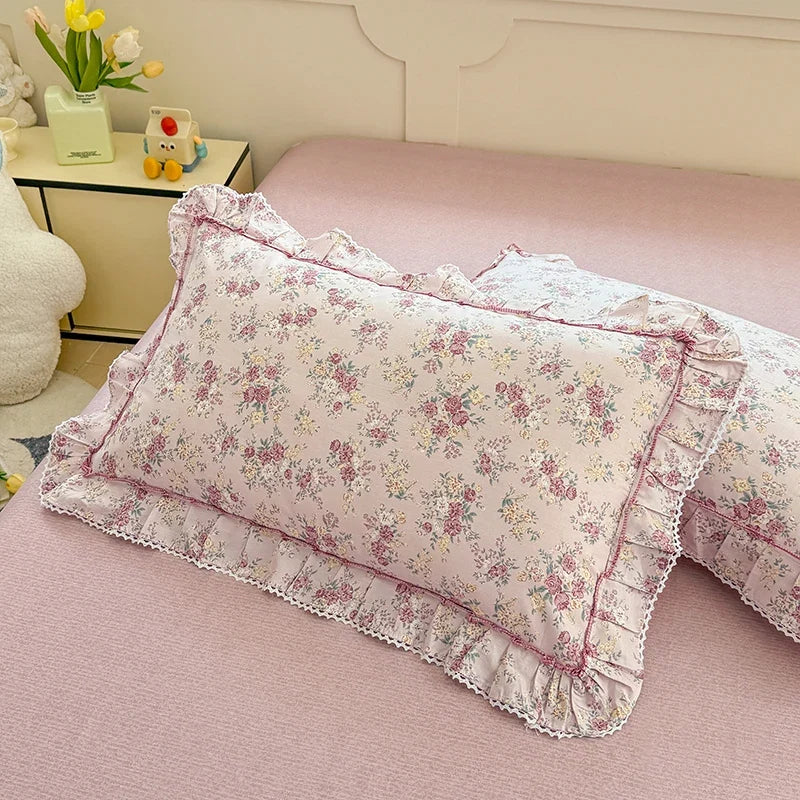 Korean Princess Style Rose Floral Ruffle Bedding Set