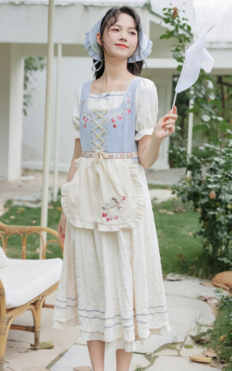 Strawberry Garden 3-Piece Set Cottagecore Dress with Head Scarf