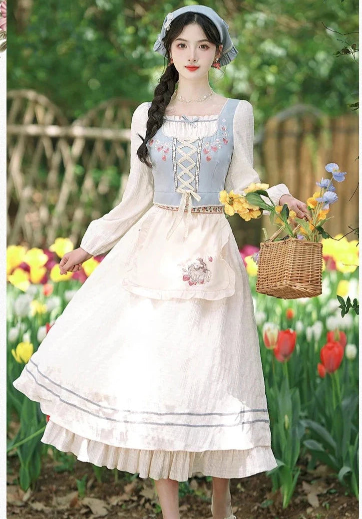 Strawberry Garden 3-Piece Set Cottagecore Dress with Head Scarf