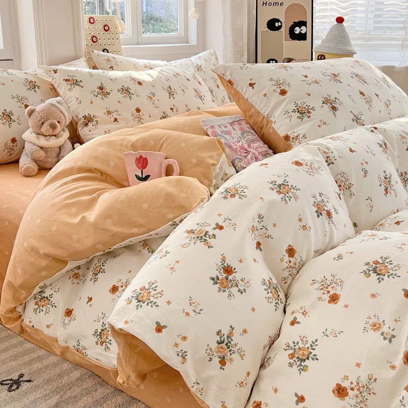 Japanese Style Floral Printed Queen Quilt Cover Set 3/4 Pcs Soft Cotton Bedding Set