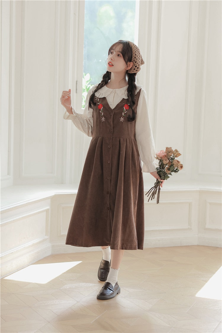 Meadow Petal Corduroy Flower Embroidered Cottagecore Dress
