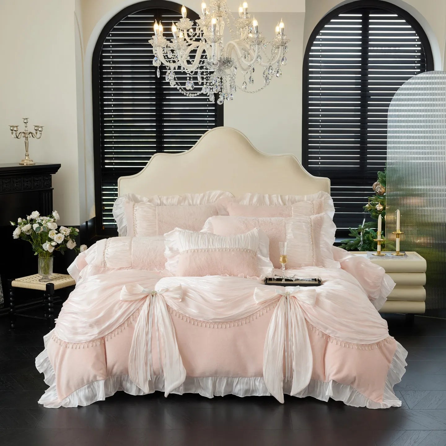 Vintage French Palace Style Pleated Lace Ruffles Bow Velvet Warm Bedding Set