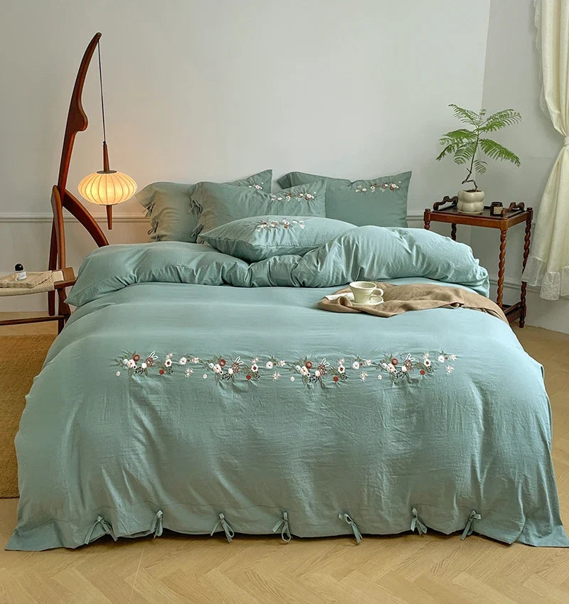 Vintage Floral Embroidered Lace-Up White Bedding Set