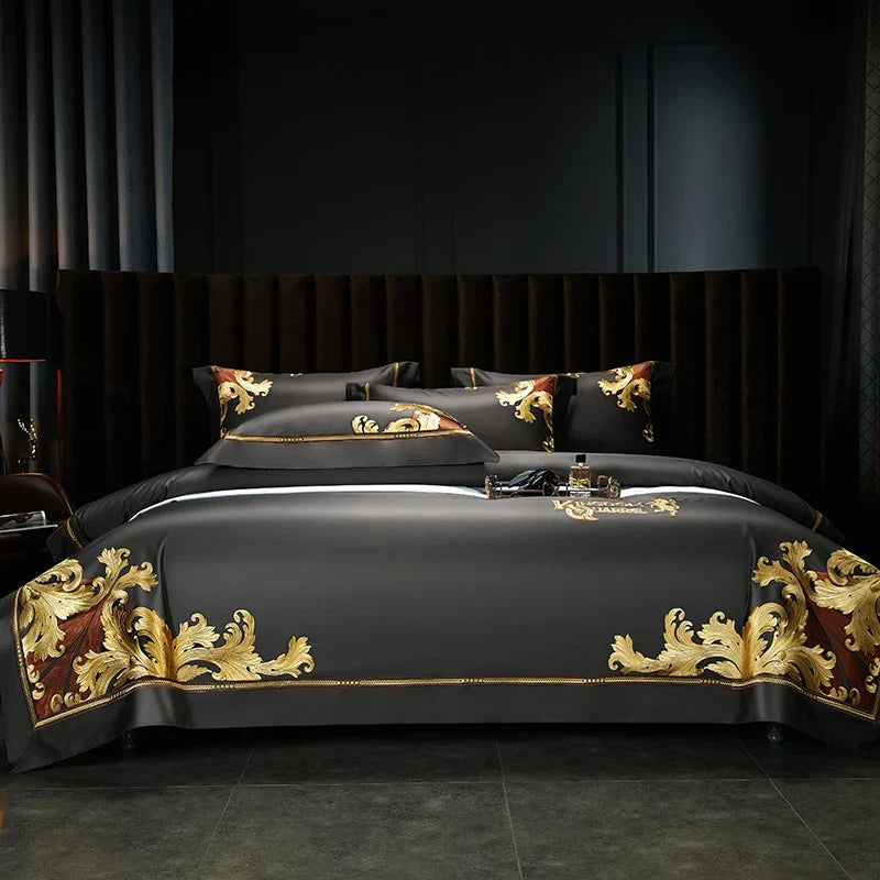 Grey European Luxury Gold Embroidery Bedding Set