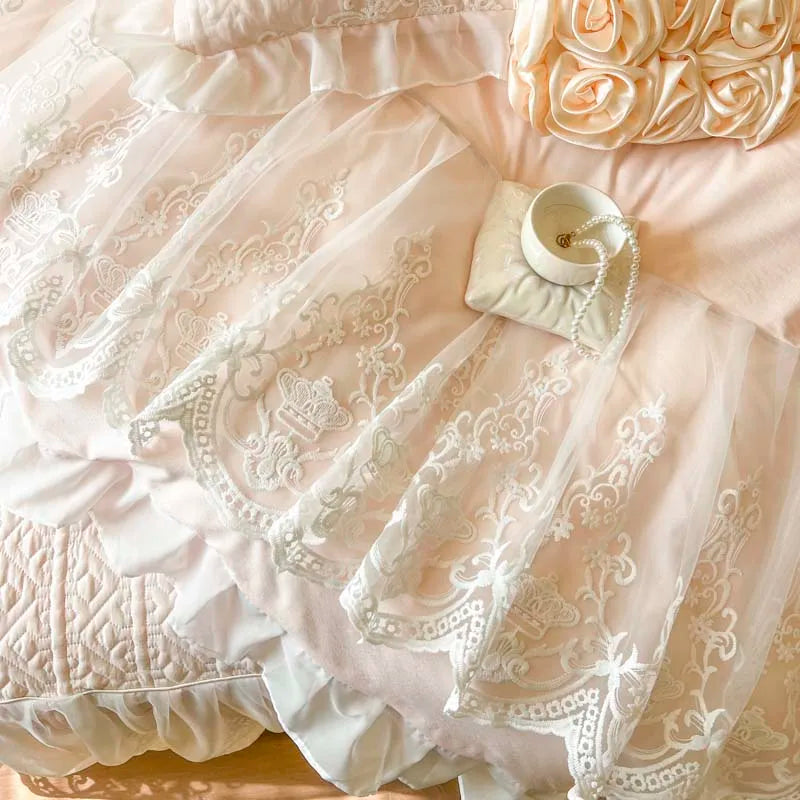 4/6Pcs Pink Princess Wedding Lace Embroidery Korean Style Bedding Set