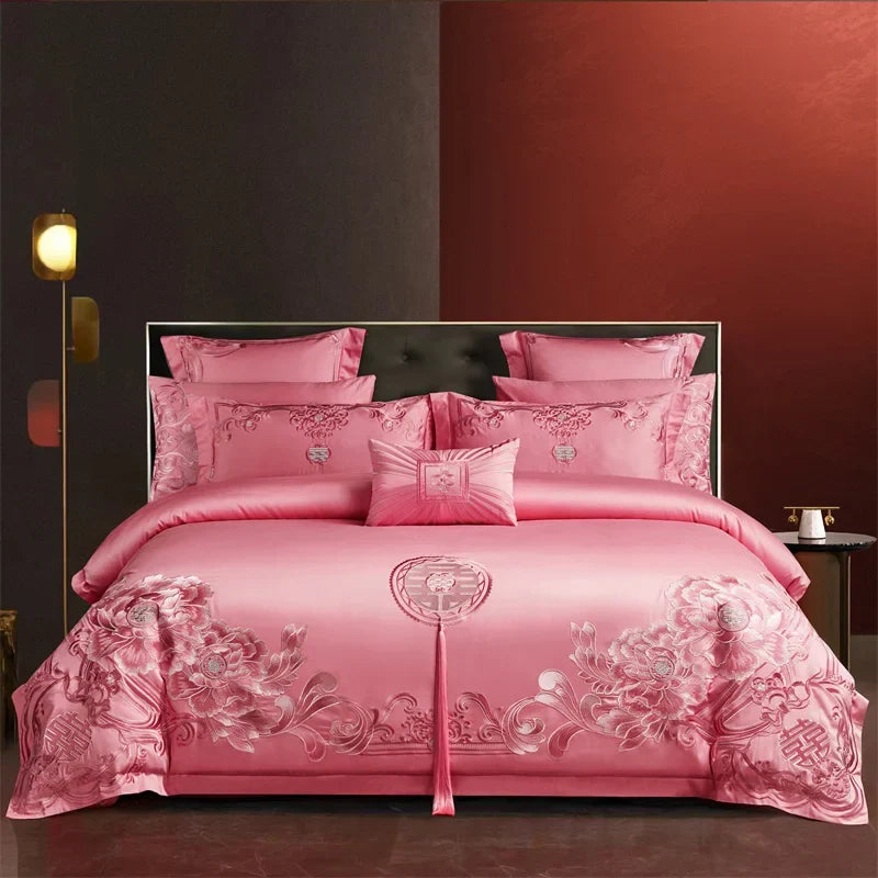 Luxury Chinese Style Wedding Flowers Embroidery Rose Pink Bedding Set