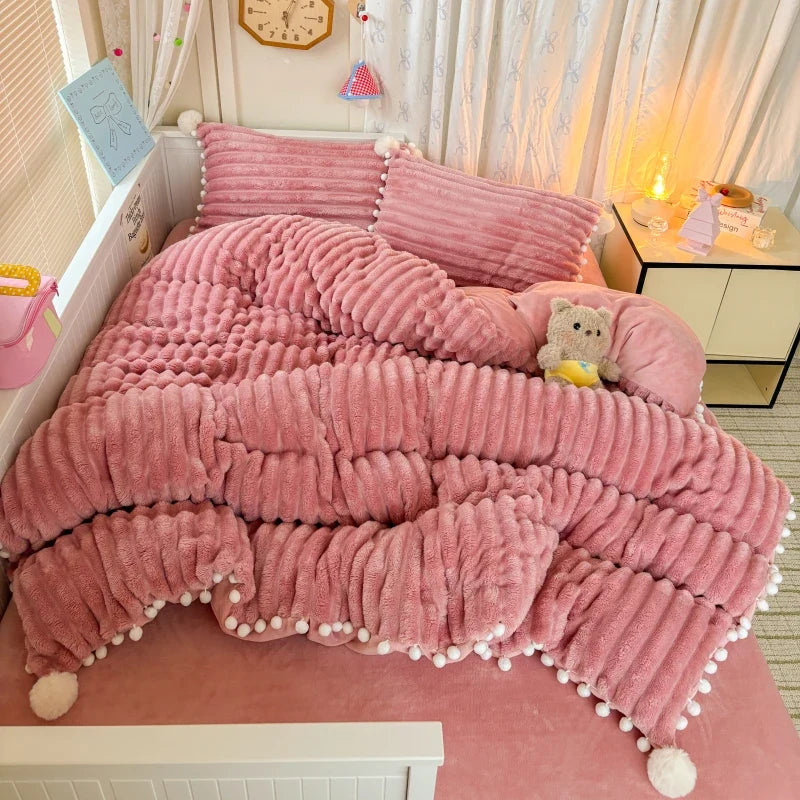 Striped Fluffy Milk Velvet Soft With Cute Pompoms Bedding Set