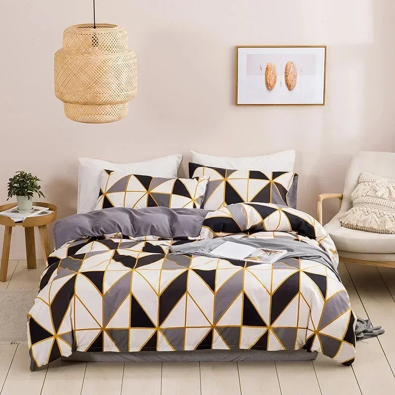 Brushed Print Blue Golden Diamond Duvet Cover Set Geometric Pattern Bedding Set