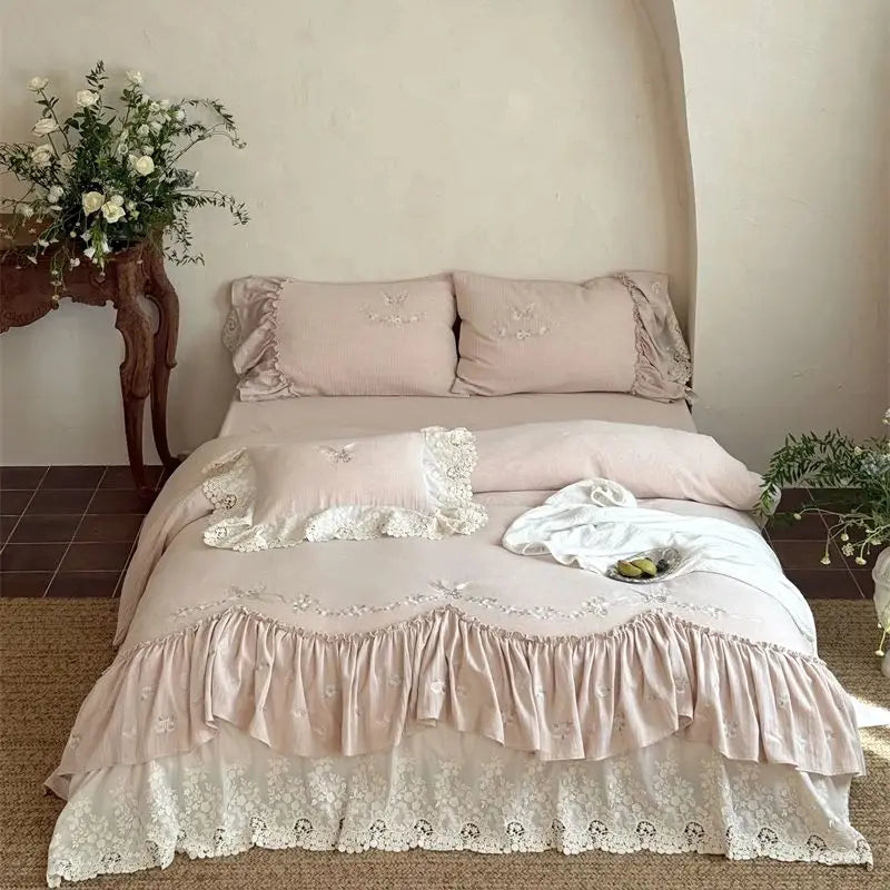 French Large Lace Ruffles Floral Butterfly Embroidery Linen Cotton Bedding Set