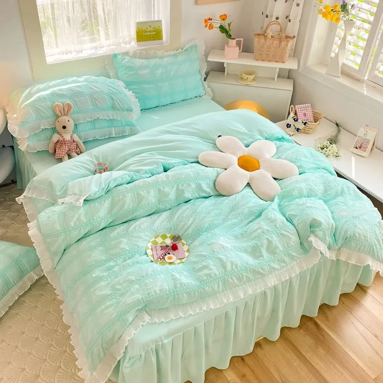 Korean Seersucker Duvet Cover Set with Pillowcases Flat Sheet Adults Kids Twin Full Queen Size Bedding Set
