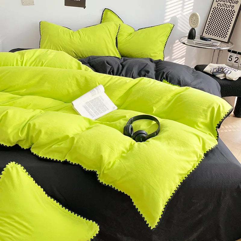 Solid Color Soft Duvet Cover Set Skin Friendly Washable Cotton Queen Bedding Set