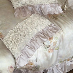 Vintage French Rose Flower Print Lace Bedding Set